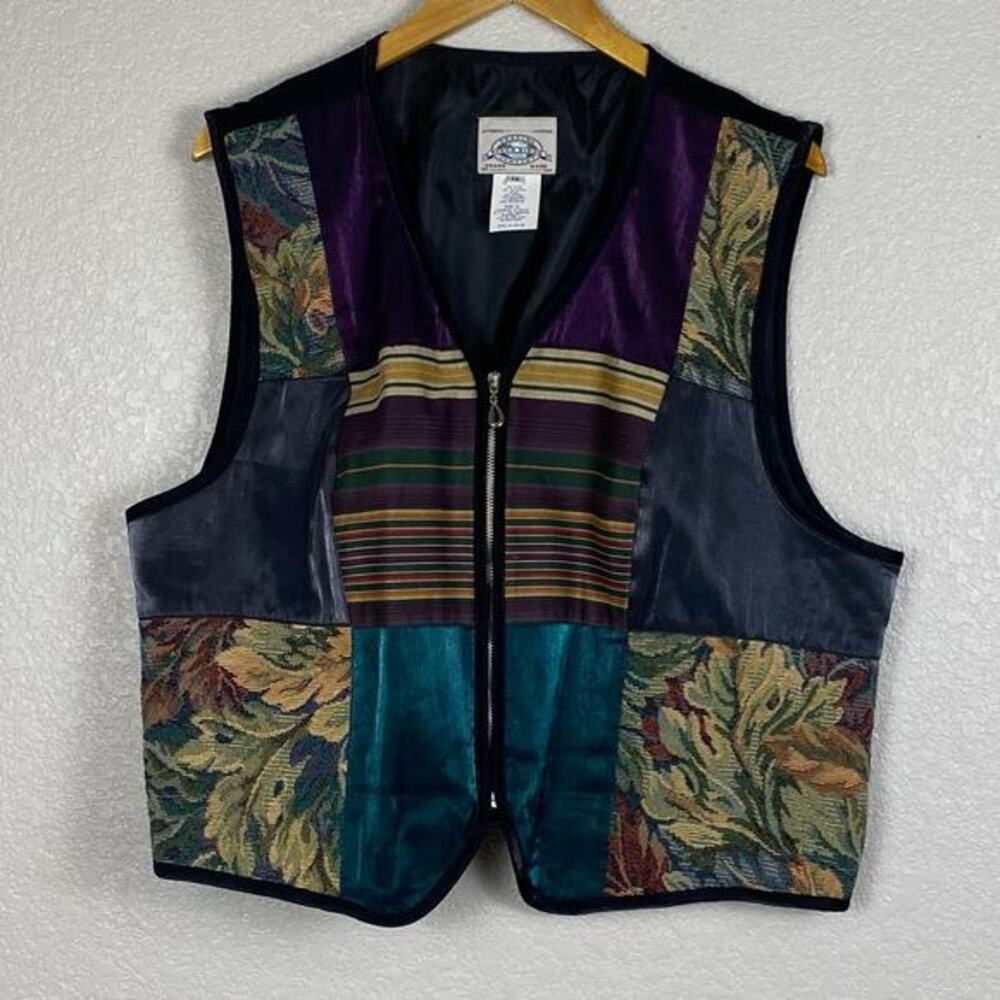Vtg 90s Full Zip Vest Womens 1X Patchwork Tapestry Velvet Autumnal Boho Lagom‎